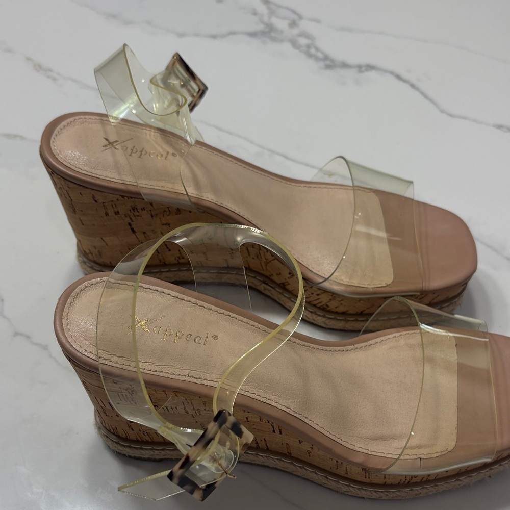 Xappeal Nude Cork Wedge Sandals with Clear Straps - Picture 6 of 15